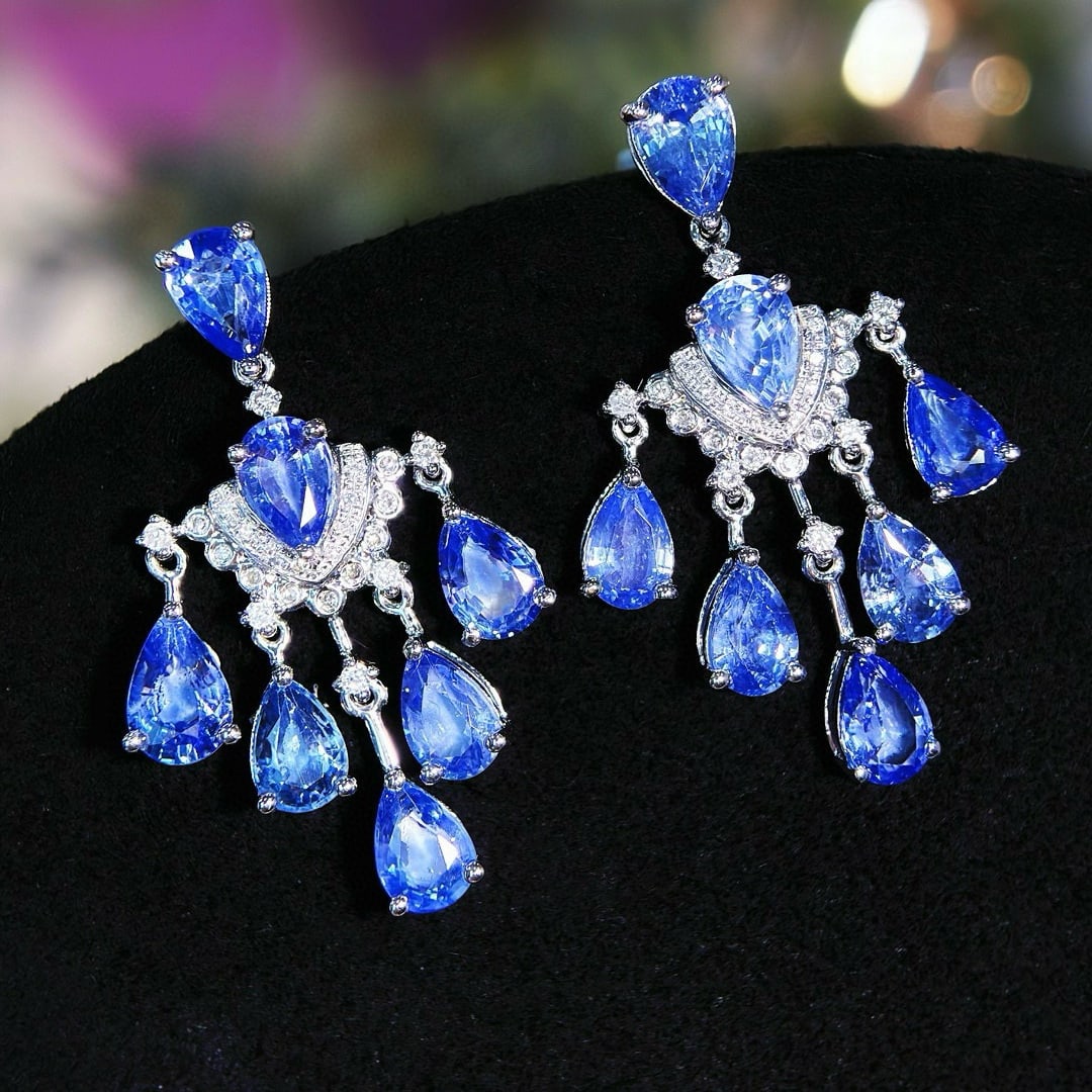 14k Gold 7 Ct Natural Sapphire & Diamond Earrings - 6