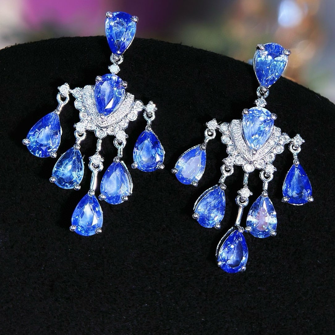14k Gold 7 Ct Natural Sapphire & Diamond Earrings - 7