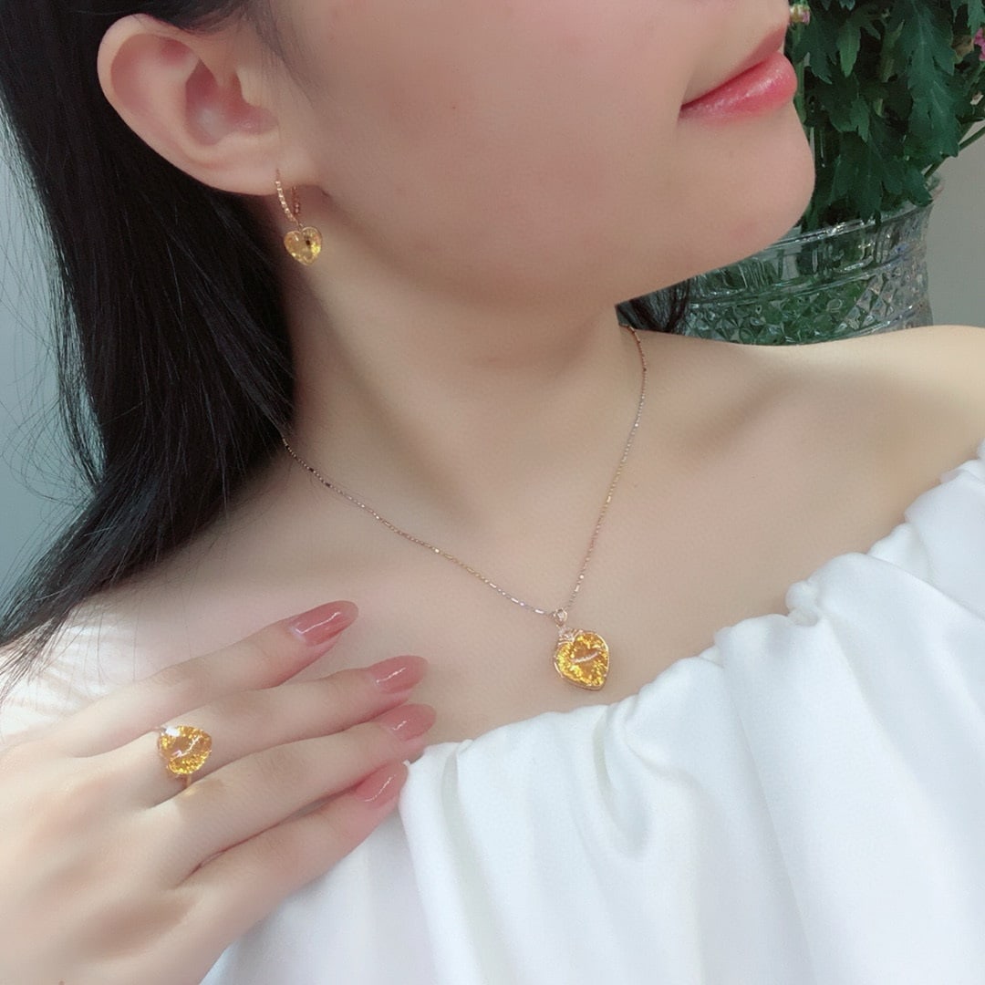 14k Gold 11 Ct Natural Citrine & Diamond Jewelry Set - 3