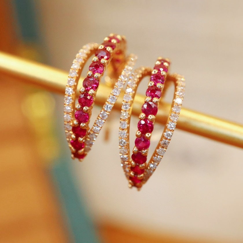 14k Gold 0.90 Ctw Natural Ruby & Diamond Earrings: Ref:230987072 // gold content:14k gold // main gemstone:ruby // shape:round // carat weight:0. 65ct // color:red // treatment:natural // cut grade:g // // adjacent gemstone 2 : diamond // number of