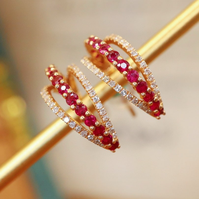 14k Gold 0.90 Ctw Natural Ruby & Diamond Earrings - 2