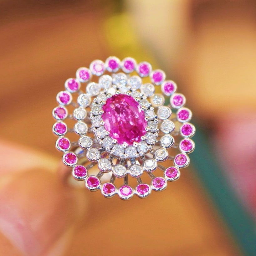 14k Gold 1.79 Ctw Natural Padparadscha Sapphire & Diamond Ring: Ref:230987073 // gold content:14k gold // ring size:7. 25us // // main gemstone:padparadscha sapphire // shape:oval // carat weight:1. 45ct // color:pink // treatment:natural // cut grade:g // //