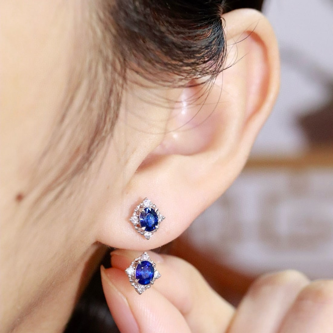 14k Gold 1.26 Ctw Natural Sapphire & Diamond Earrings - 4