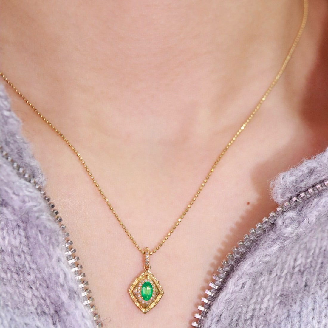 14k Gold 0.33 Ctw Natural Emerald & Diamond Pendant( Without Chain ) - 2