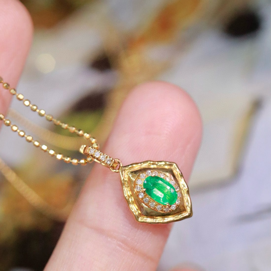 14k Gold 0.33 Ctw Natural Emerald & Diamond Pendant( Without Chain ) - 6