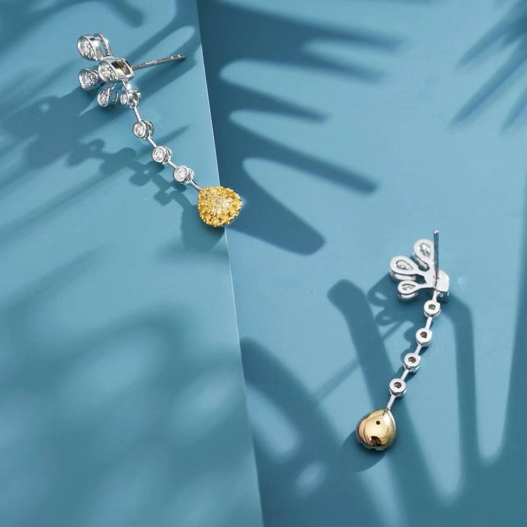 14k Gold 0.70 Ctw Natural Yellow Diamond & Diamond Earrings - 2