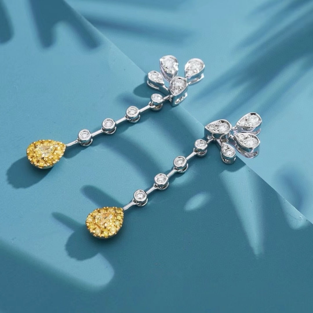 14k Gold 0.70 Ctw Natural Yellow Diamond & Diamond Earrings - 4