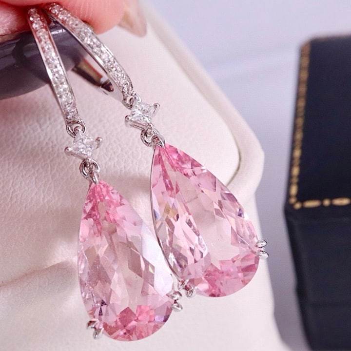 14k Gold 9.02 Ctw Natural Morganite & Diamond Earrings: Ref:230987122 // gold content:14k gold // main gemstone:morganite // shape:pear // carat weight:8. 8ct // clarity grade:vs-si // color:pink // treatment:natural // cut grade:g // // adjacent gemstone