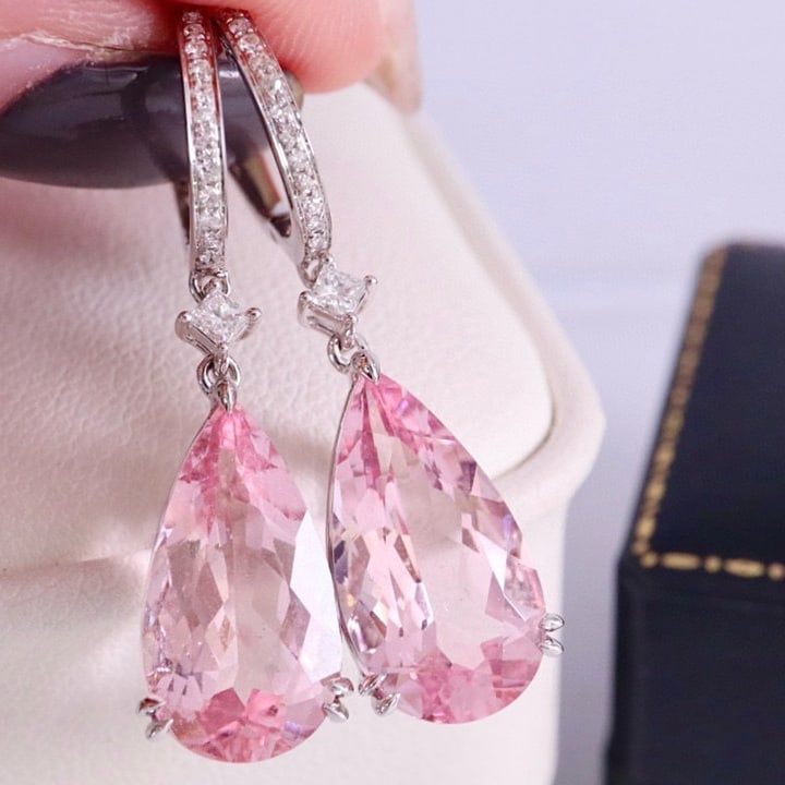 14k Gold 9.02 Ctw Natural Morganite & Diamond Earrings - 2
