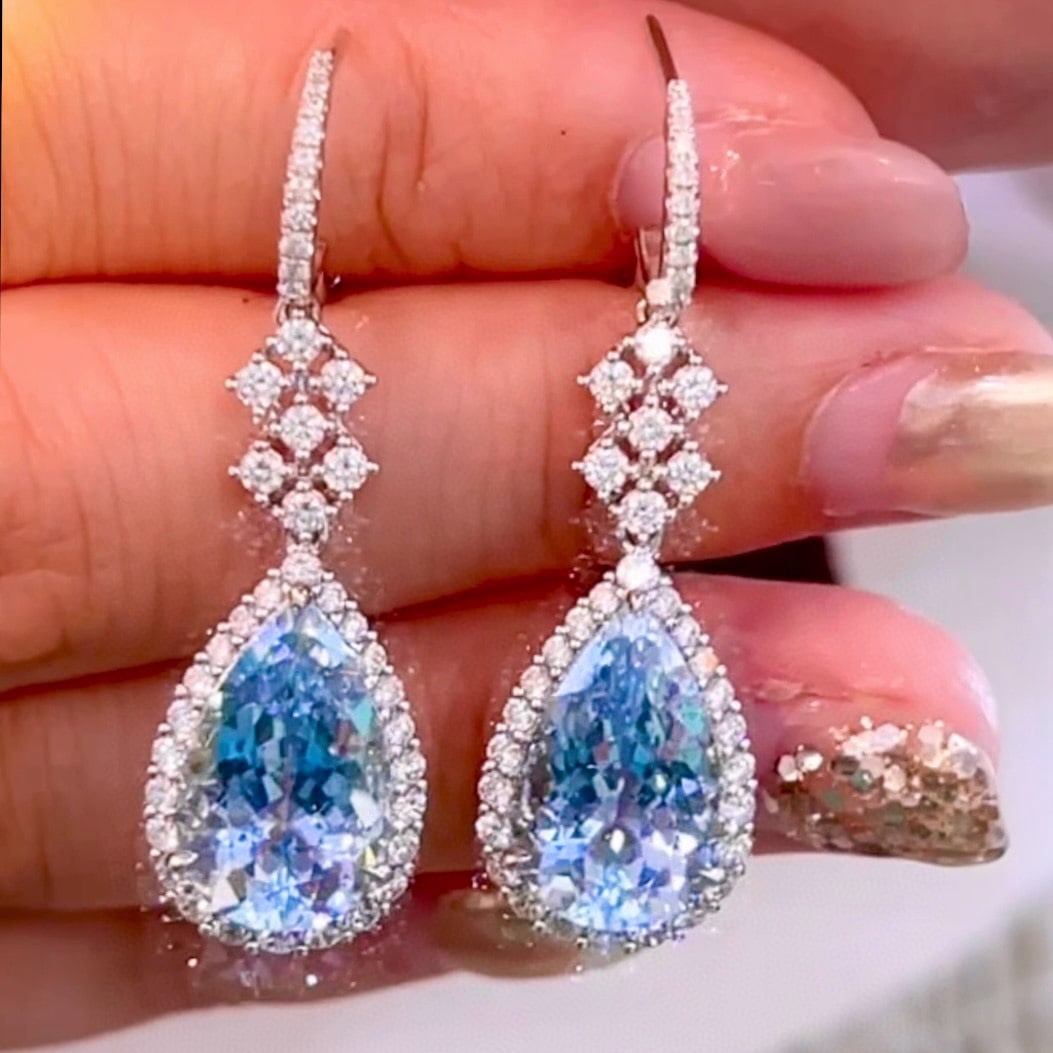 14k Gold 10.4 Ctw Natural Aquamarine & Diamond Earrings - 2