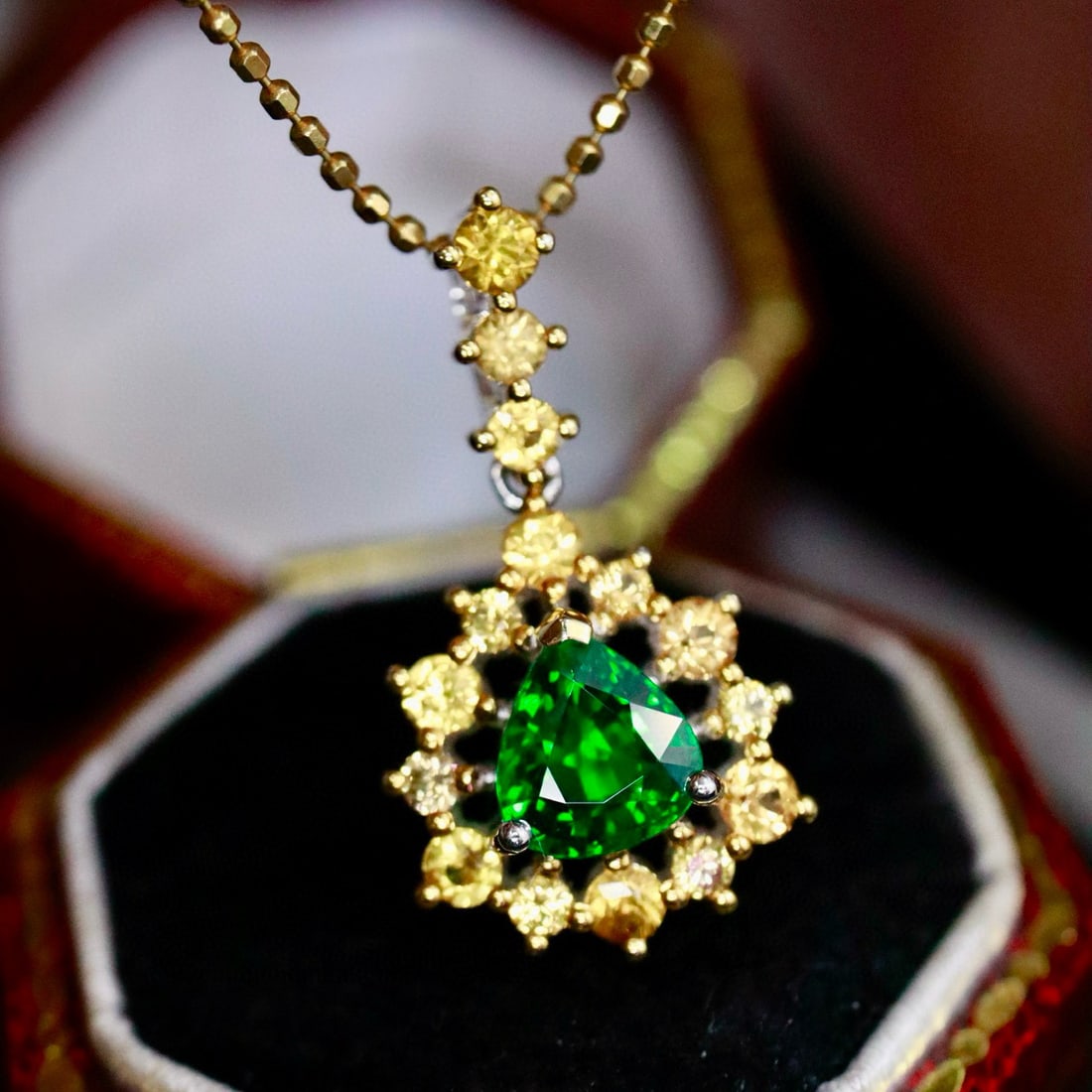 14k Gold 1.48 Ctw Natural Tsavorite & Diamond Pendant( Without Chain ): Ref:230987143 // gold content:14k gold // main gemstone:tsavorite // shape:pear // carat weight:0. 75ct // clarity grade:vs-si // color:green // treatment:natural // cut grade:g // // adjacent