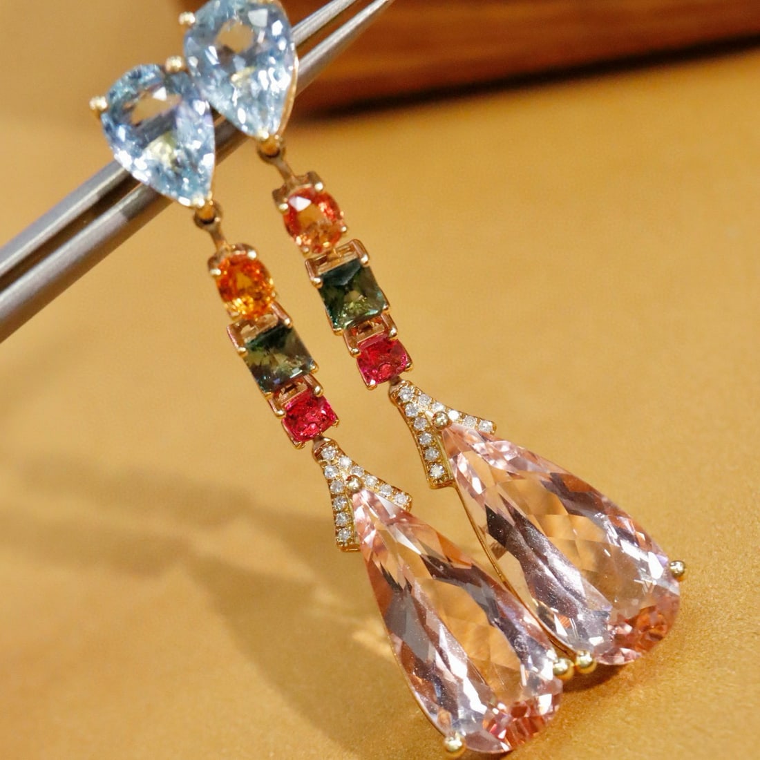 14k Gold 15.18 Ctw Natural Morganite & Sapphire Earrings - 3