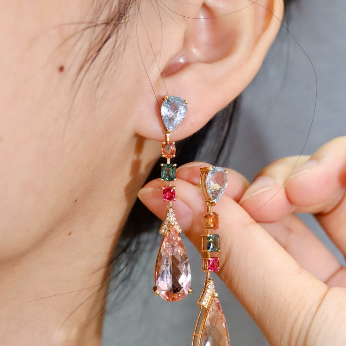 14k Gold 15.18 Ctw Natural Morganite & Sapphire Earrings - 4