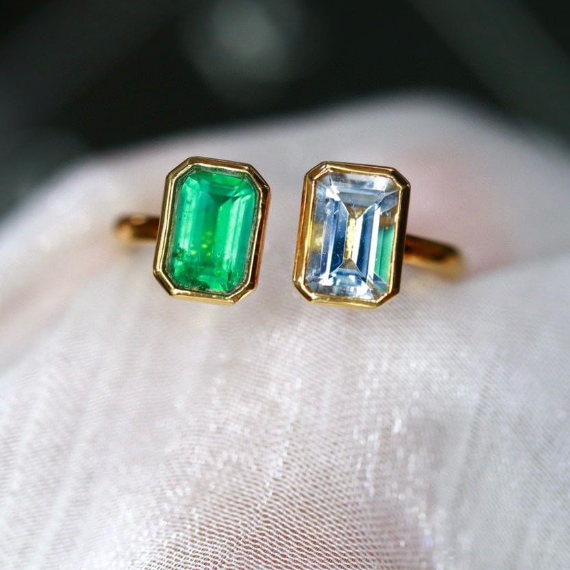 14k Gold 1.14 Ctw Natural Emerald & Aquamarine Ring - 4