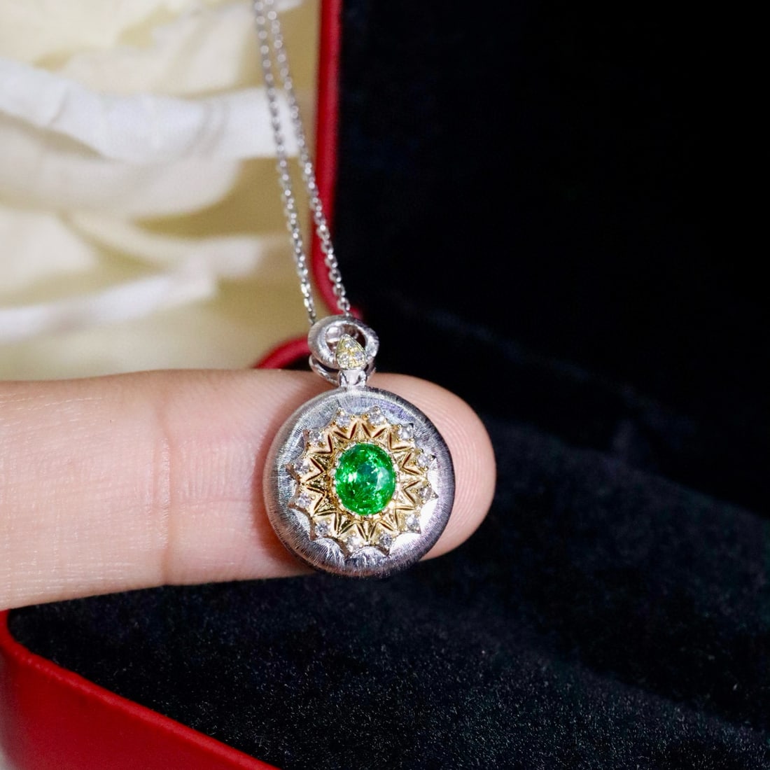 14k Gold 0.46 Ctw Natural Emerald & Diamond Pendant( Without Chain ) - 2
