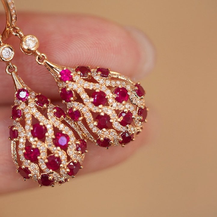 14k Gold 2.40 Ctw Natural Ruby & Diamond Earrings - 4