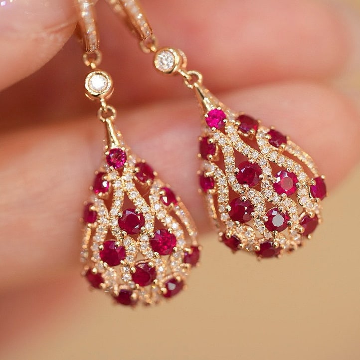 14k Gold 2.40 Ctw Natural Ruby & Diamond Earrings - 5
