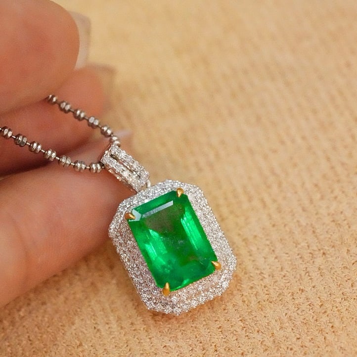 14k Gold 3.45 Ct Natural Emerald & Diamond Pendant( Without Chain ) - 5