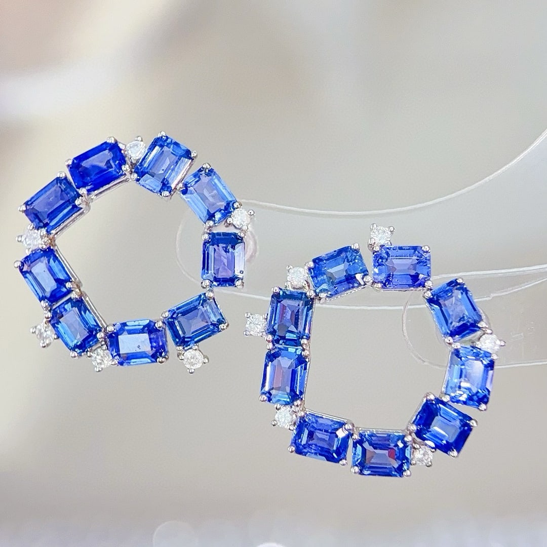 14k Gold 5.1 Ct Natural Sapphire & Diamond Earrings - 2