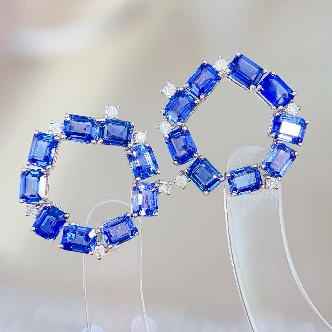 14k Gold 5.1 Ct Natural Sapphire & Diamond Earrings - 4