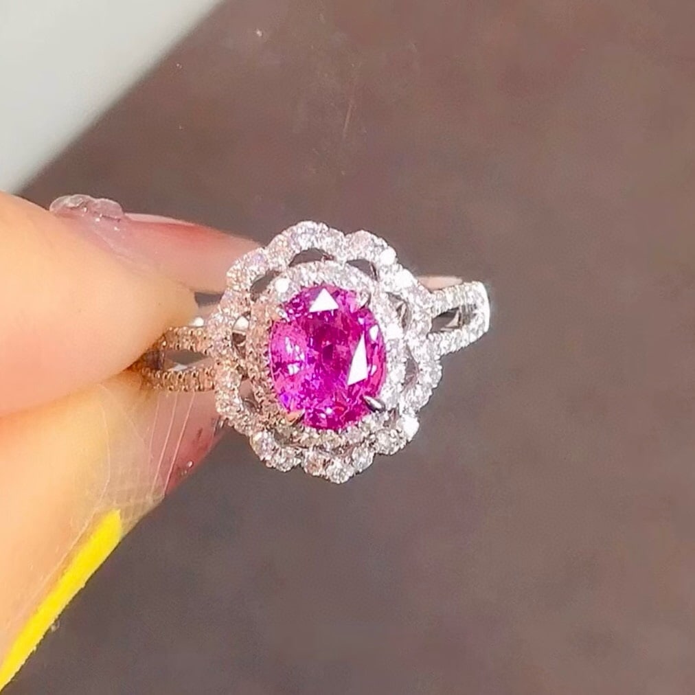 14k Gold 1.76 Ctw Natural Padparadscha Sapphire & Sapphire Ring: Ref:230987215 // gold content:14k gold // ring size:7. 25us // // main gemstone:padparadscha sapphire // shape:oval // carat weight:0. 46ct // color:pink // treatment:natural // cut grade:g // //