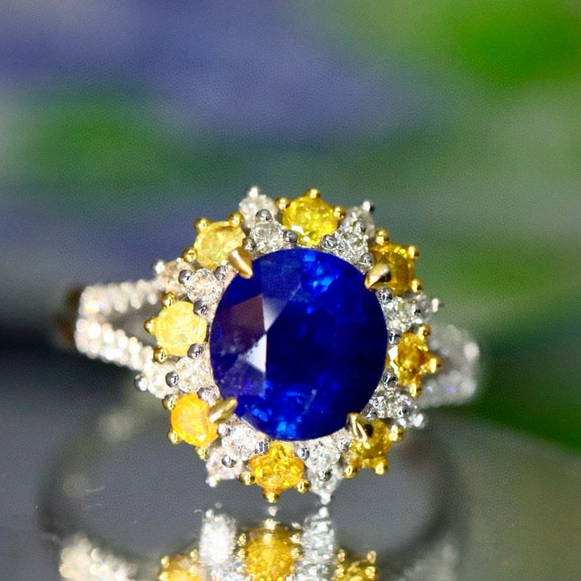 14k Gold 2.12 Ctw Natural Sapphire & Diamond Ring: Ref:230987244 // gold content:14k gold // ring size:7. 25us // // main gemstone:sapphire // shape:oval // carat weight:1. 64ct // color:blue // treatment:natural // cut grade:g // // adjacent gemstone