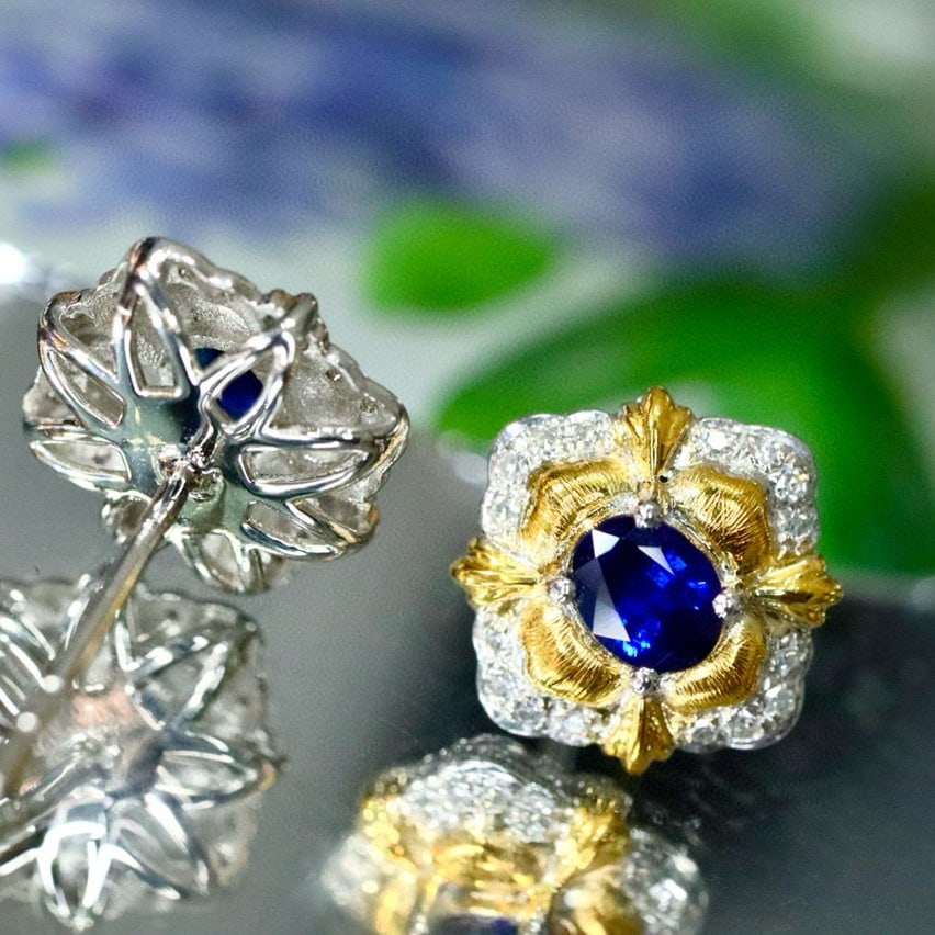14k Gold 0.81 Ctw Natural Sapphire & Diamond Earrings - 2