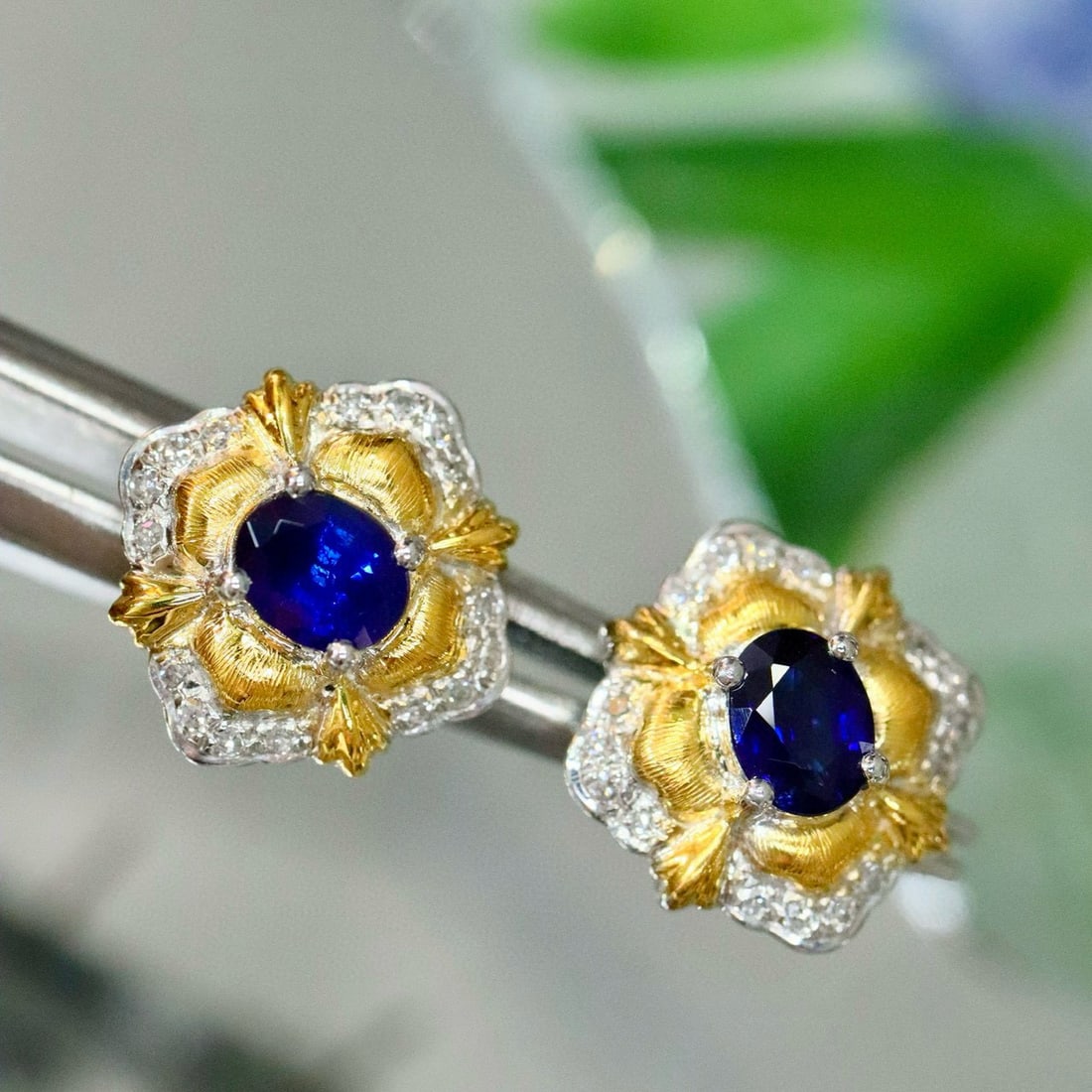 14k Gold 0.81 Ctw Natural Sapphire & Diamond Earrings - 4