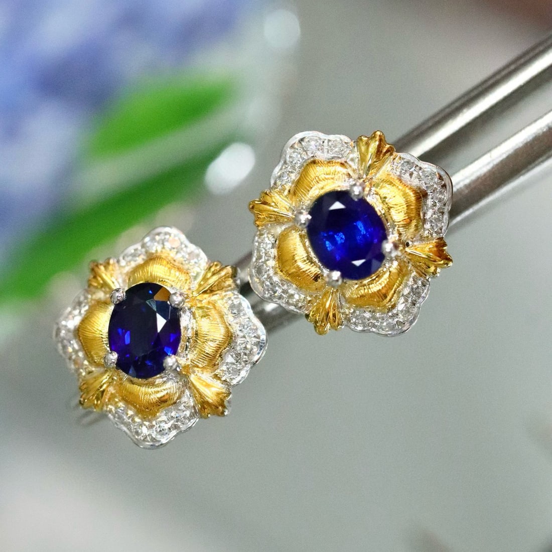 14k Gold 0.81 Ctw Natural Sapphire & Diamond Earrings - 5