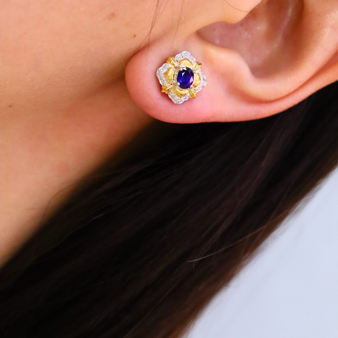 14k Gold 0.81 Ctw Natural Sapphire & Diamond Earrings - 6