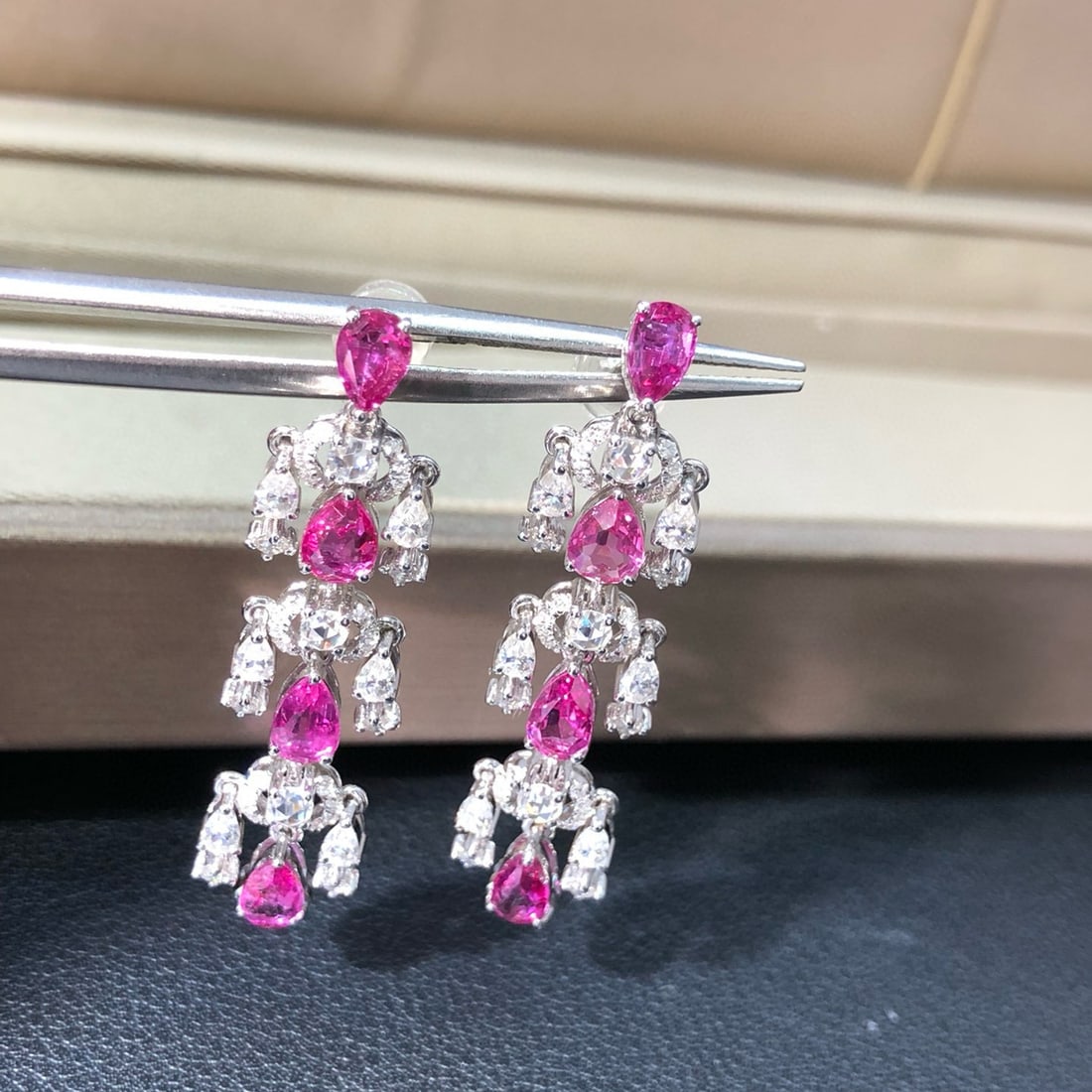 14k Gold 3.41 Ctw Natural Ruby & Diamond Earrings: Ref:230987249 // gold content:14k gold // main gemstone:ruby // shape:pear // carat weight:3. 19ct // color:red // treatment:natural // cut grade:g // // adjacent gemstone 2 : diamond // shape:round /