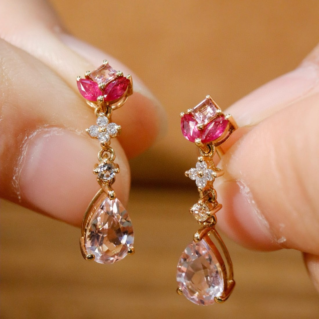 14k Gold 2.07 Ctw Natural Morganite & Tourmaline Earrings - 2