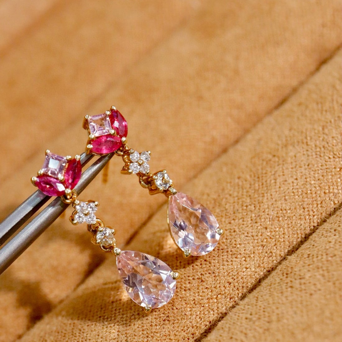 14k Gold 2.07 Ctw Natural Morganite & Tourmaline Earrings - 3