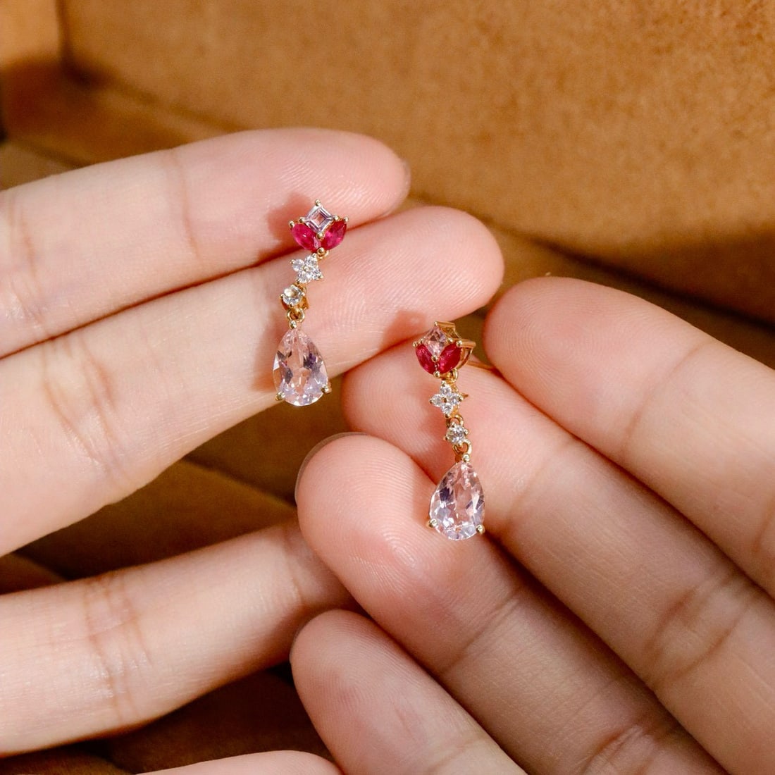 14k Gold 2.07 Ctw Natural Morganite & Tourmaline Earrings - 4