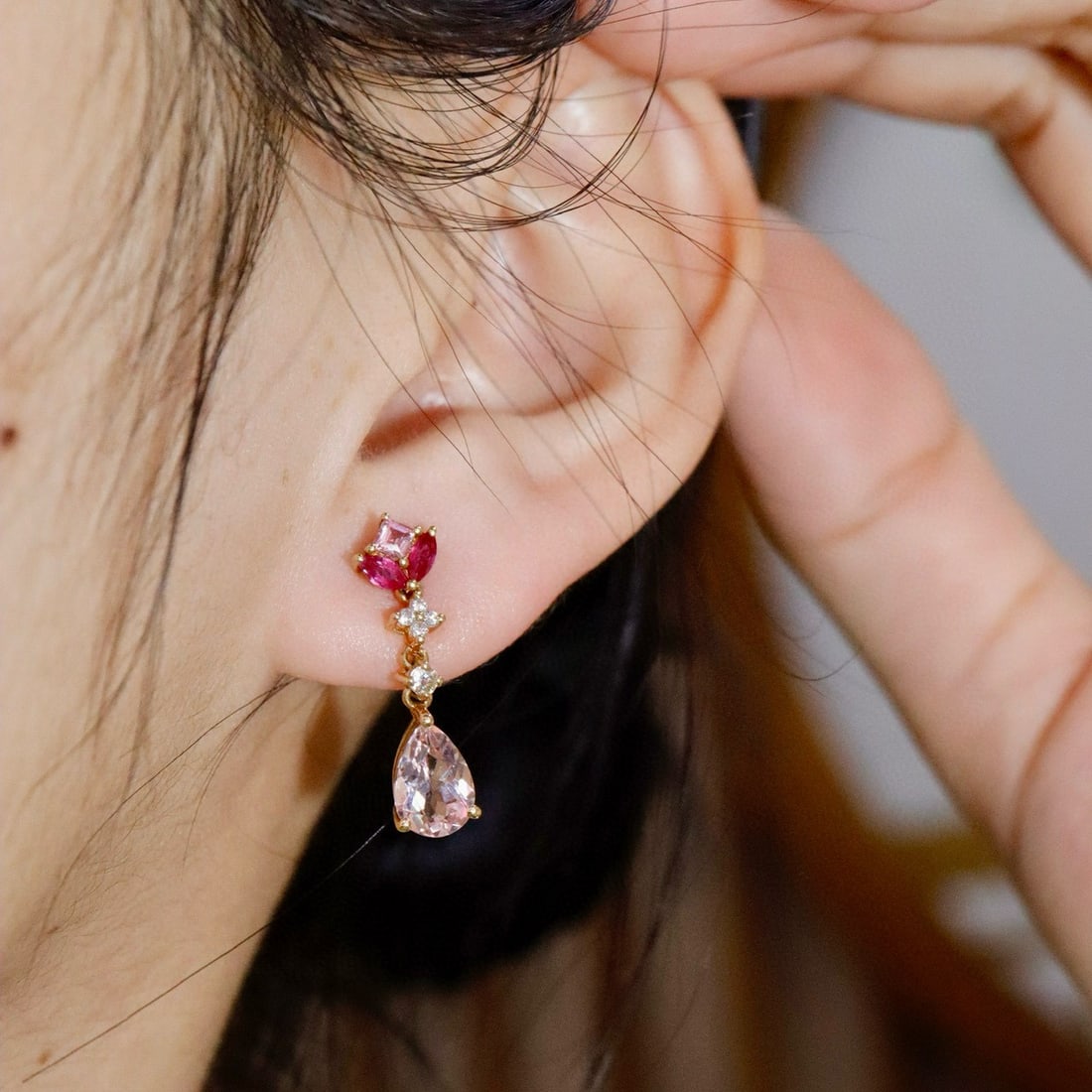 14k Gold 2.07 Ctw Natural Morganite & Tourmaline Earrings - 5