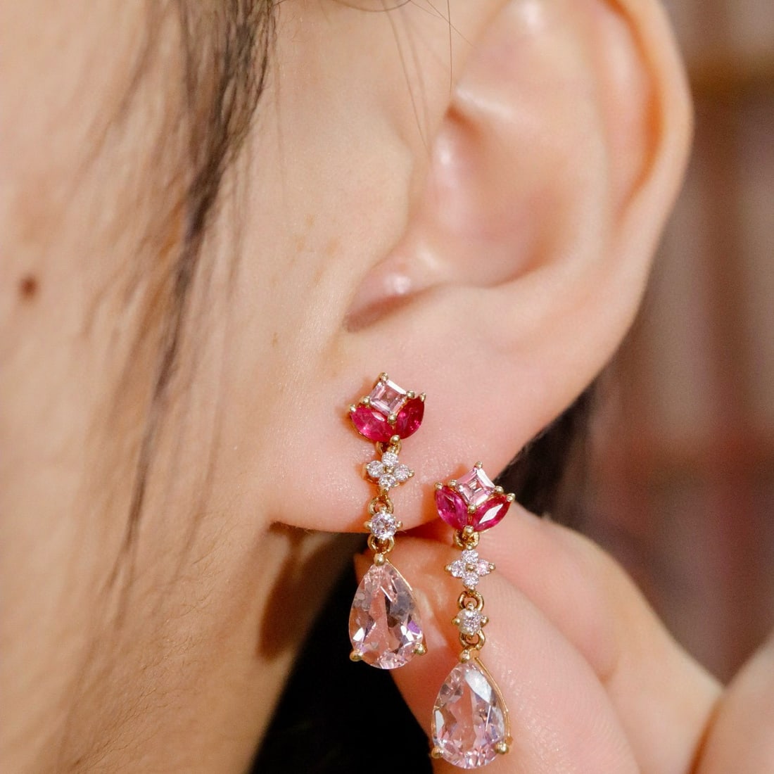 14k Gold 2.07 Ctw Natural Morganite & Tourmaline Earrings - 6