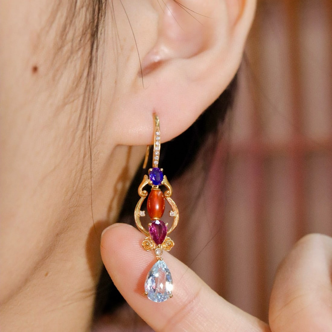 14k Gold 4.74 Ctw Natural Aquamarine & Sapphire Earrings - 4
