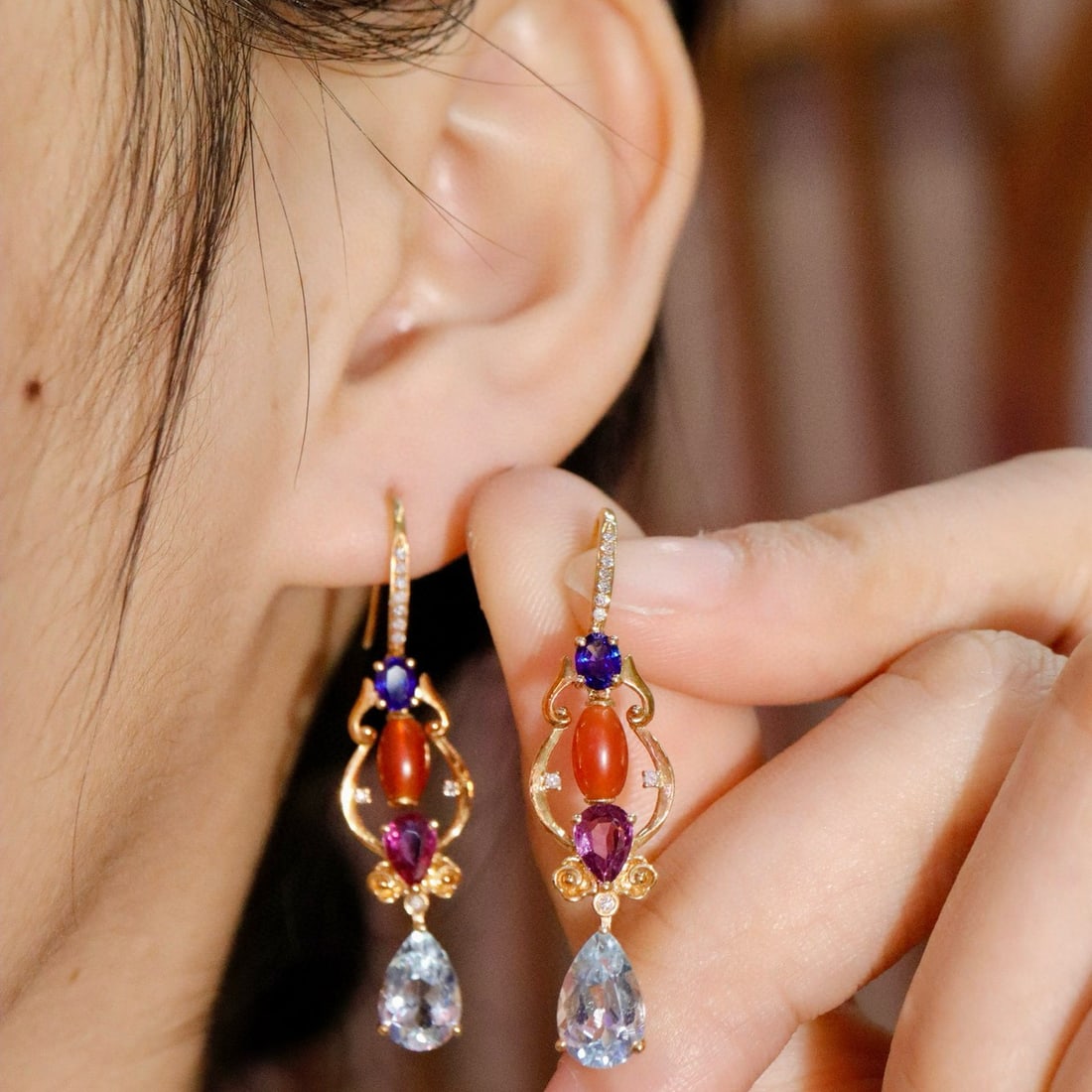 14k Gold 4.74 Ctw Natural Aquamarine & Sapphire Earrings - 5
