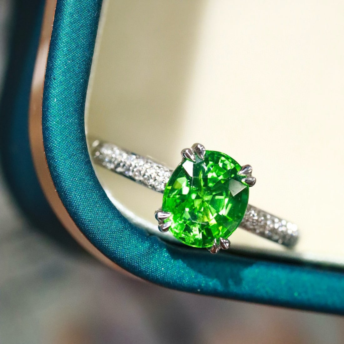 14k Gold 1.24 Ctw Natural Tsavorite & Diamond Ring: Ref:230987260 // gold content:14k gold // ring size:7. 25us // // main gemstone:tsavorite // shape:cushion // carat weight:1. 1ct // color:green // treatment:natural // cut grade:g // // adjacent