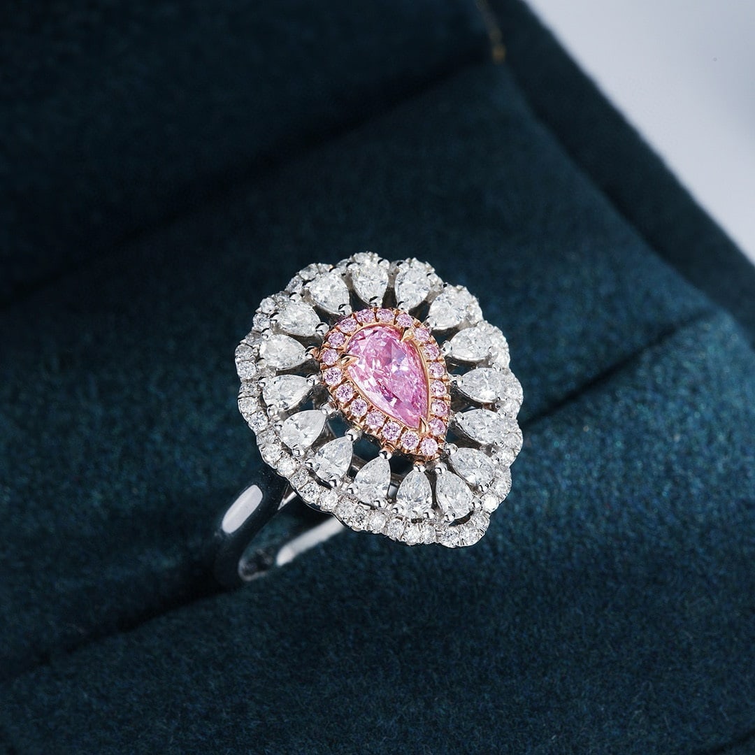 14k Gold 1.54 Ctw Natural Pink Diamond & Diamond Ring: Ref:230988001 // gold content:14k gold // ring size:7. 25us // // main gemstone:pink diamond // shape:pear // carat weight:0. 53ct // color:pink // treatment:natural // // adjacent gemstone 2 : diamon