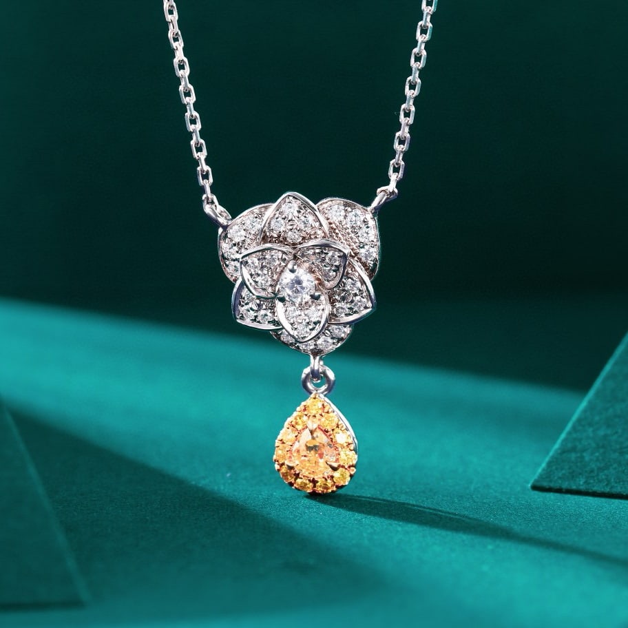 14k Gold 0.34 Ctw Natural Yellow Diamond & Diamond Necklace: Ref:230988005 // gold content:14k gold // main gemstone:yellow diamond // shape:pear // carat weight:0. 12ct // color:yellow // treatment:natural // // adjacent gemstone 2 : diamond // shape:round //