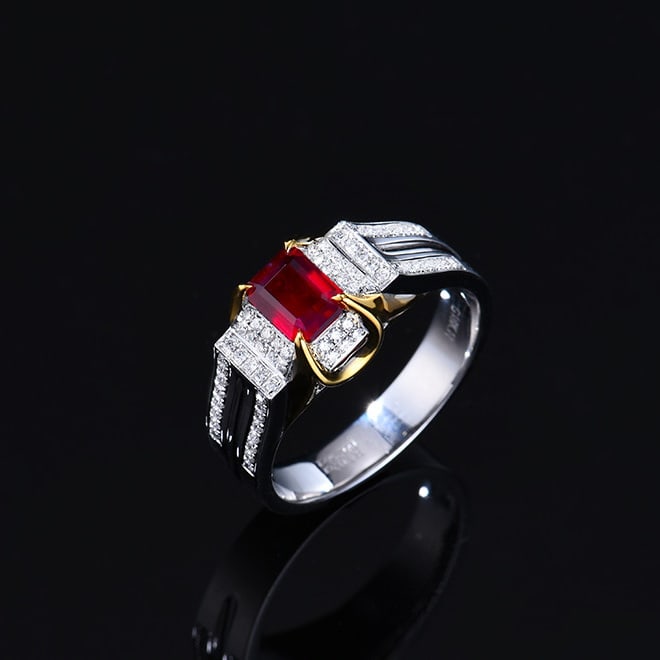 14k Gold 1.31 Ctw Natural Ruby & Diamond Ring: Ref:230988009 // gold content:14k gold // ring size:7. 25us // // main gemstone:ruby // shape:octagonal // carat weight:1. 02ct // color:pigeonblood red // treatment:natural // // adjacent gemstone 2 
