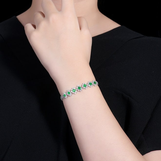 14k Gold 3.55 Ctw Vivid Green Natural Emerald & Sapphire Bracelet - 4