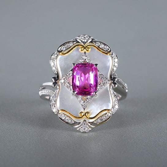 14k Gold 1.79 Ctw Natural Padparadscha Sapphire & Diamond Ring: Ref:230988023 // gold content:14k gold // ring size:7. 25us // // main gemstone:padparadscha sapphire // shape:cushion // carat weight:1. 53ct // color:orangish pink // treatment:natural // // adjacen