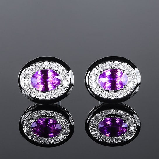 14k Gold 2.20 Ctw Natural Sapphire & Diamond Earrings: Ref:230988024 // gold content:14k gold // main gemstone:sapphire // shape:oval // carat weight:1. 75ct // color:purple // treatment:natural // // adjacent gemstone 2 : diamond // number of stones:30 /