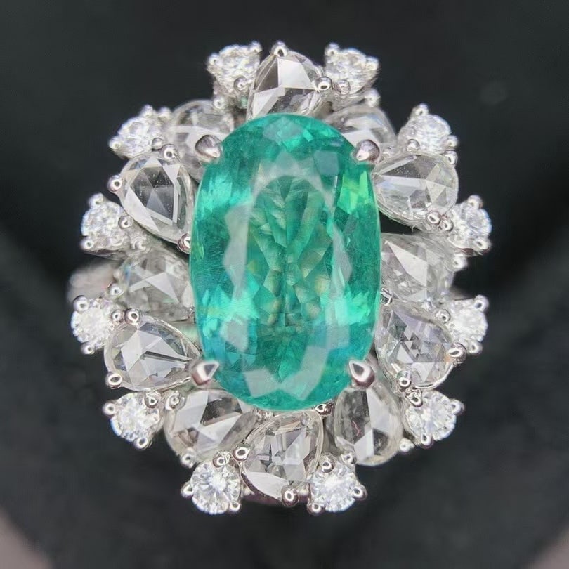 14k Gold 4.78 Ctw Natural Paraiba Tourmaline & Diamond Ring/pendant( Without Chain ): Ref:230988041 // gold content:14k gold // ring size:7. 25us // // main gemstone:paraiba tourmaline // shape:oval // carat weight:3. 36ct // color:green // treatment:natural // // adjacent gemstone 2
