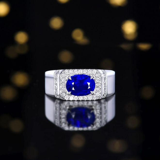 14k Gold 3.31 Ctw Natural Sapphire & Diamond & Men¡¯s Ring: Ref:230988050 // gold content:14k gold // ring size:8us // // main gemstone:sapphire // shape:oval // carat weight:2. 95ct // color:royal blue // treatment:natural // // adjacent gemstone 2 : diamond 