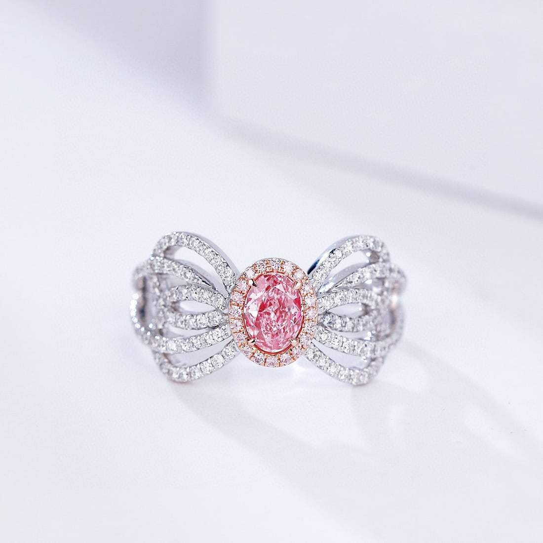 14k Gold 0.98 Ctw Natural Pink Diamond & Diamond Ring: Ref:230988054 // gold content:14k gold // ring size:7. 25us // // main gemstone:pink diamond // shape:oval // carat weight:0. 44ct // color:pink // treatment:natural // // adjacent gemstone 2 :