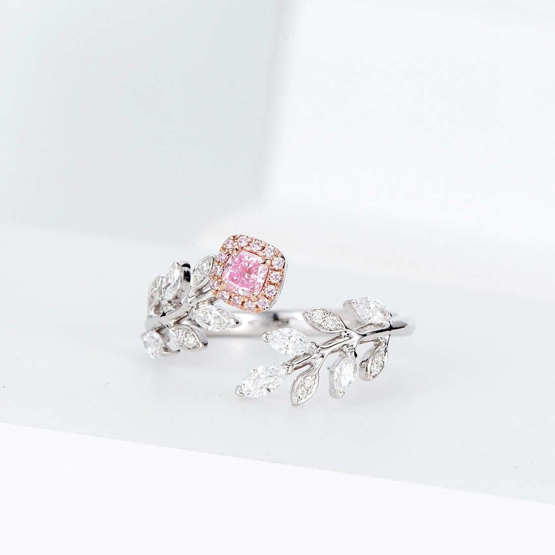 14k Gold 0.39 Ctw Natural Pink Diamond & Diamond Ring: Ref:230988055 // gold content:14k gold // ring size:7. 25us // // main gemstone:pink diamond // shape:cushion // carat weight:0. 1ct // color:pink // treatment:natural // // adjacent gemstone 2 :