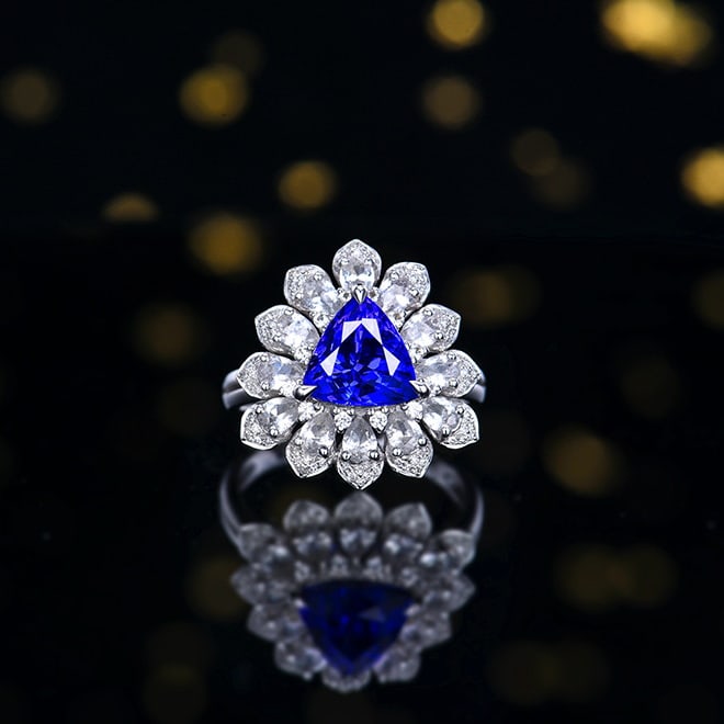 14k Gold 3.28 Ctw Natural Tanzanite & Diamond Ring: Ref:230988061 // gold content:14k gold // ring size:7. 25us // // main gemstone:tanzanite // shape:triangle // carat weight:3. 1ct // color:blue // treatment:natural // // adjacent gemstone 2 :